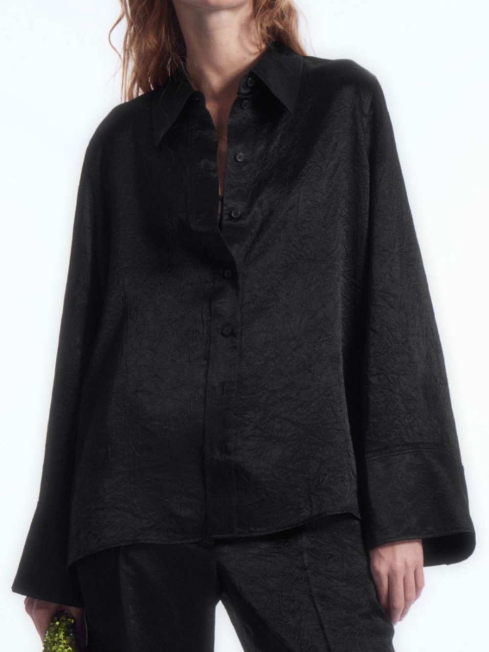 COS Wide Sleeve Crinkled Satin Shirt Black Size 14 Oversized